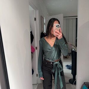 Lovers + Friends Deep Green Satin Wrap Blouse